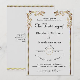 Gold Vintage Floral Frame & Golden Leaves Wedding  Invitation