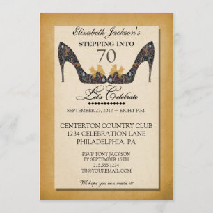 Gold Vintage Floral Shoe 70th Birthday Invitation