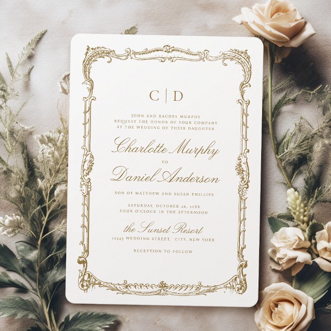 Gold Vintage Frame Classic Script Monogram Wedding Invitation (Gold Vintage Frame Classic Script Monogram Wedding Invitation)