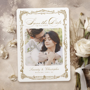 Gold Vintage Frame Classic Script Photo Wedding Save The Date