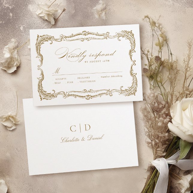 Gold Vintage Frame Classic Script Wedding RSVP Card (Gold Vintage Frame Classic Script Wedding RSVP Card)