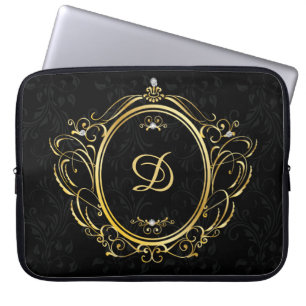 Gold Vintage frame with black damask background Laptop Sleeve