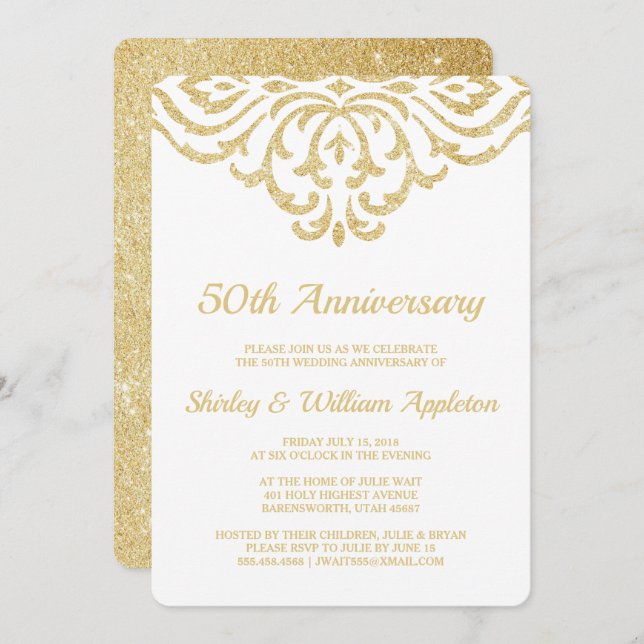 Gold Vintage Glam Elegant 50th Wedding Anniversary Invitation (Front/Back)