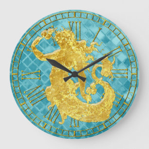 Gold Vintage Mermaid Aqua Sea Glass Large Clock