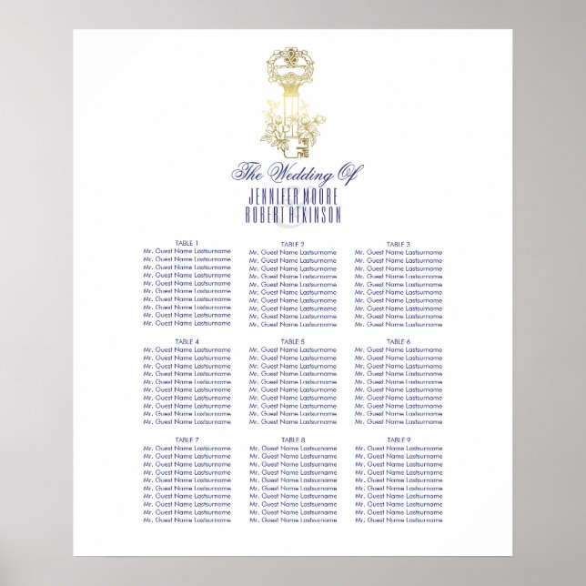 Gold Vintage Skeleton Key Wedding Seating Chart (Front)
