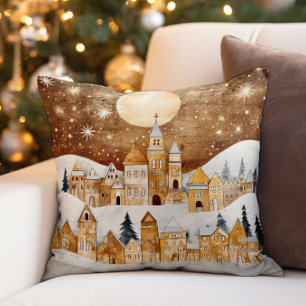 Gold Vintage Snow Covered Village Cushion