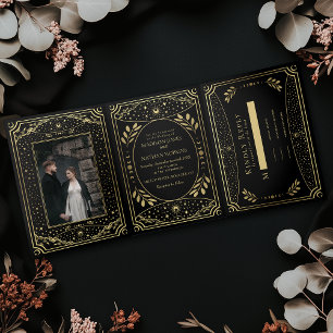 Gold Vintage Tarot Gothic Wedding Tri-Fold Invitation