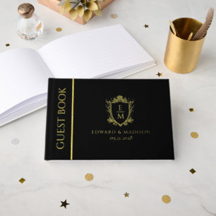 Gold Vintage Wedding Crest Monograms On Black Guest Book