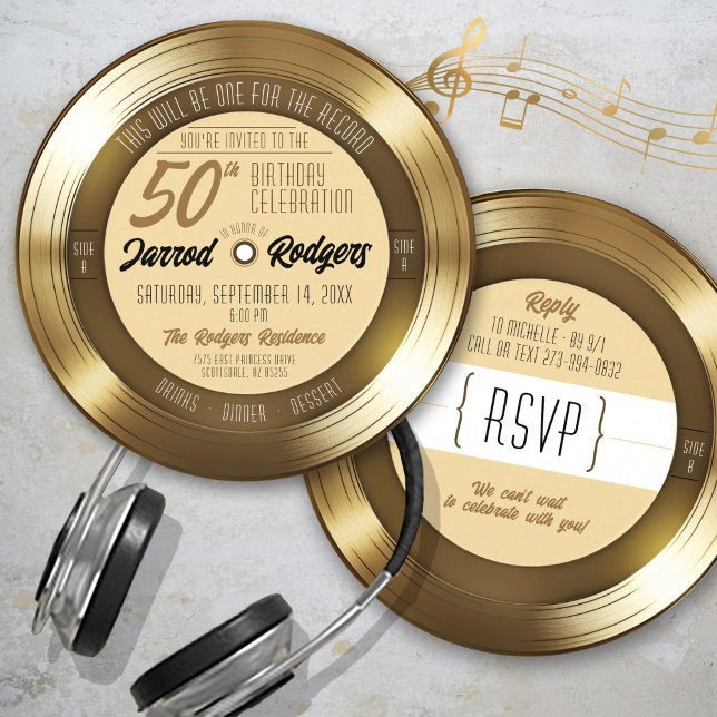 Gold Vinyl Record Retro Music 50th Birthday Party Invitation (Fun Elegant Unique gold vinyl record round music theme side A side B 50th birthday party invitation )