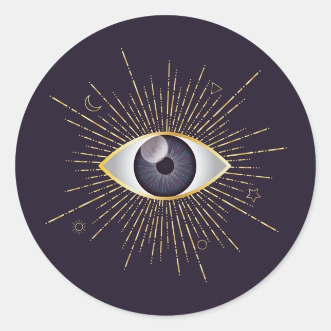Gold & Violet Mystic Evil Eye Nazar Mati Classic Round Sticker (Front)