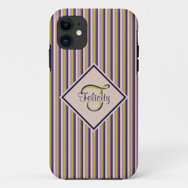 Gold, Violet, Purple & Pink Stripes Monogram Case-Mate iPhone Case (Back)