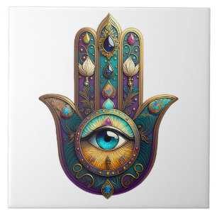 Gold Violet Teal Hamsa w/ Turquoise Third Eye Ceramic Tile