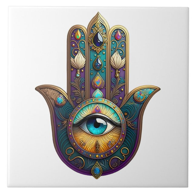 Gold Violet Teal Hamsa w/ Turquoise Third Eye Ceramic Tile (Front)