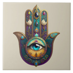 Gold Violet Teal Hamsa w/ Turquoise Third Eye Ceramic Tile