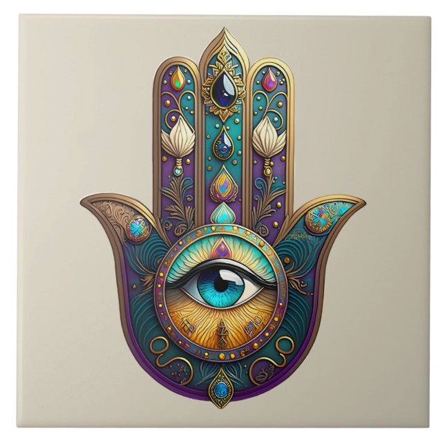 Gold Violet Teal Hamsa w/ Turquoise Third Eye Ceramic Tile (Front)