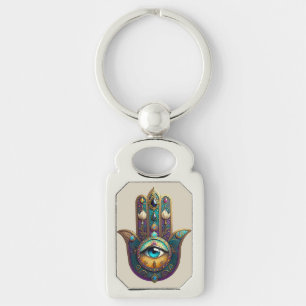 Gold Violet Teal Hamsa w/ Turquoise Third Eye Key Ring