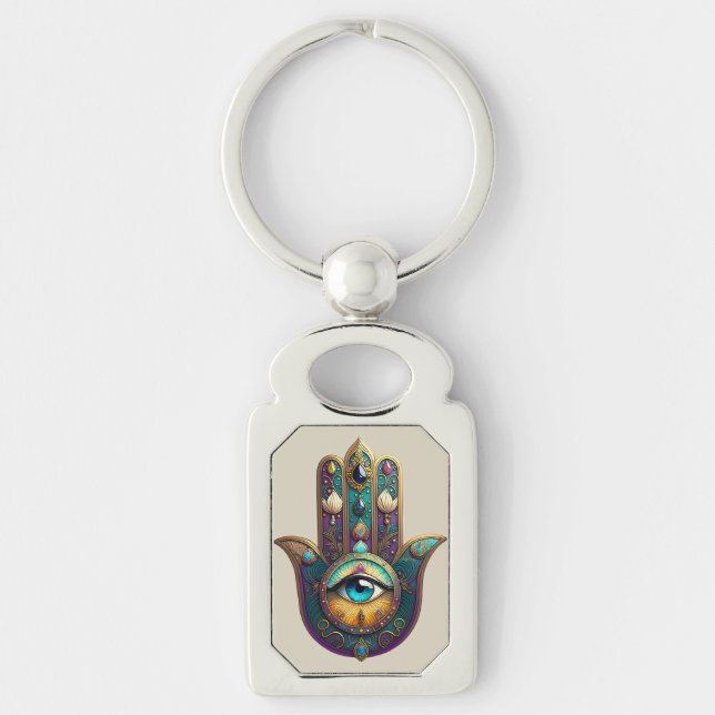 Gold Violet Teal Hamsa w/ Turquoise Third Eye Key Ring (Front)