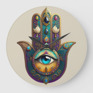 Gold Violet Teal Hamsa w/ Turquoise Third Eye Large Clock