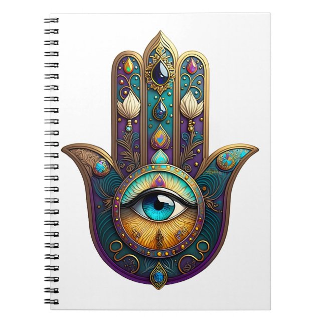 Gold Violet Teal Hamsa w/ Turquoise Third Eye Notebook (Front)