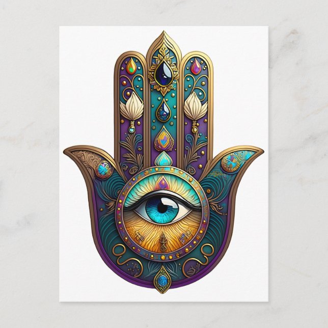 Gold Violet Teal Hamsa w/ Turquoise Third Eye Postcard (Front)