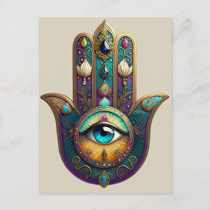 Gold Violet Teal Hamsa w/ Turquoise Third Eye Postcard