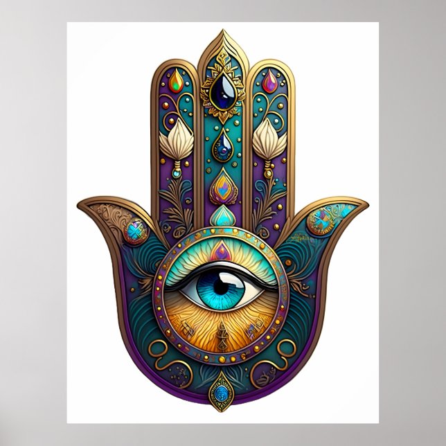 Gold Violet Teal Hamsa w/ Turquoise Third Eye Poster (Front)
