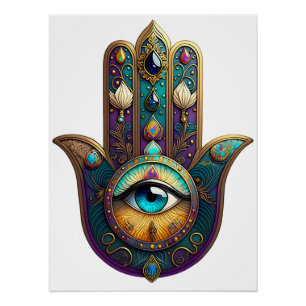 Gold Violet Teal Hamsa w/ Turquoise Third Eye Poster