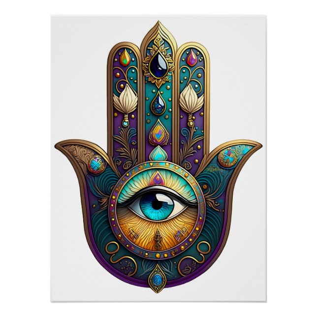 Gold Violet Teal Hamsa w/ Turquoise Third Eye Poster (Front)