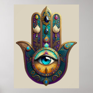 Gold Violet Teal Hamsa w/ Turquoise Third Eye Poster