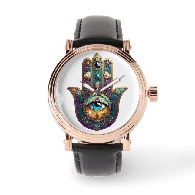 Gold Violet Teal Hamsa w/ Turquoise Third Eye Watch (Front)