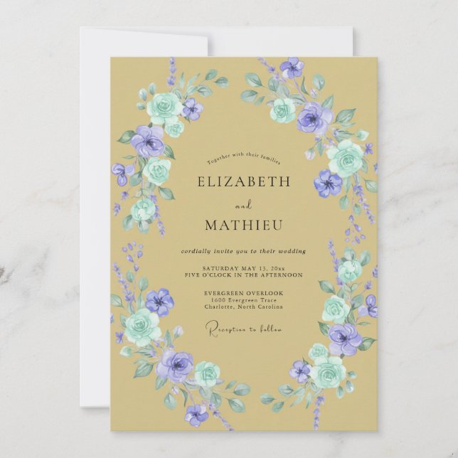 Gold Violet Wreath Wedding Invitation (Front)