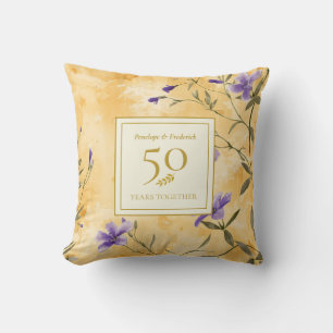 Gold Violets Floral 50th Wedding Anniversary Cushion