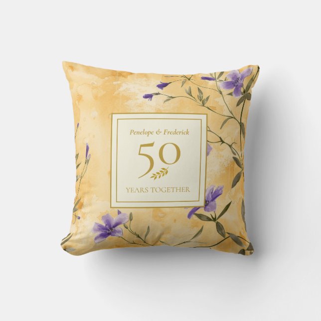 Gold Violets Floral 50th Wedding Anniversary Cushion (Front)