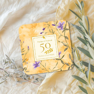 Gold Violets Floral 50th Wedding Anniversary Square Sticker