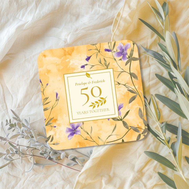 Gold Violets Floral 50th Wedding Anniversary Square Sticker (Gold Violets Floral 50th Wedding Anniversary sticker)