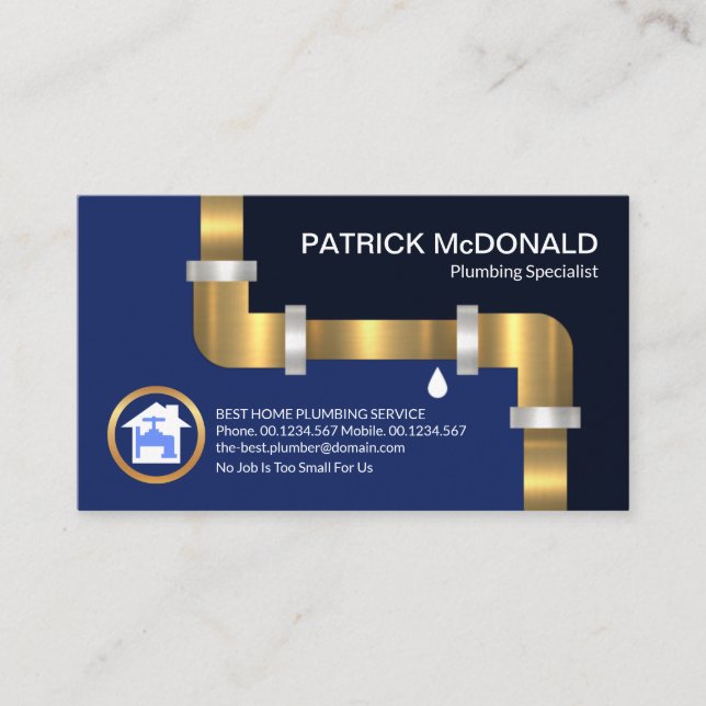 Gold Water Pipe Blue Flood Waters Plumber Business Card (Front)