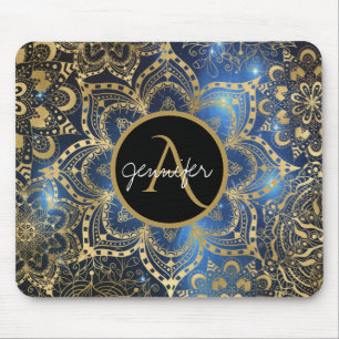 Gold watercolor and nebula mandala Blue Monogram Mouse Pad