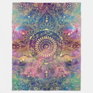 Gold watercolor and nebula mandala fleece blanket
