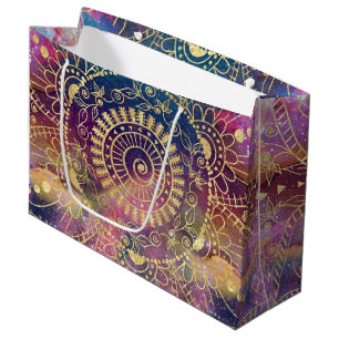 Gold watercolor and nebula mandala large gift bag