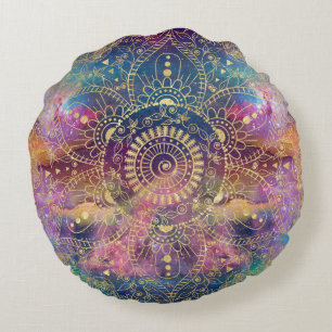 Gold watercolor and nebula mandala round cushion