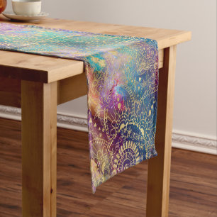 Gold watercolor and nebula mandala short table runner