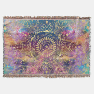 Gold watercolor and nebula mandala throw blanket