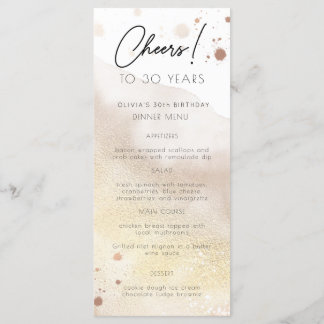Gold Watercolor any year Birthday Party Menu Card