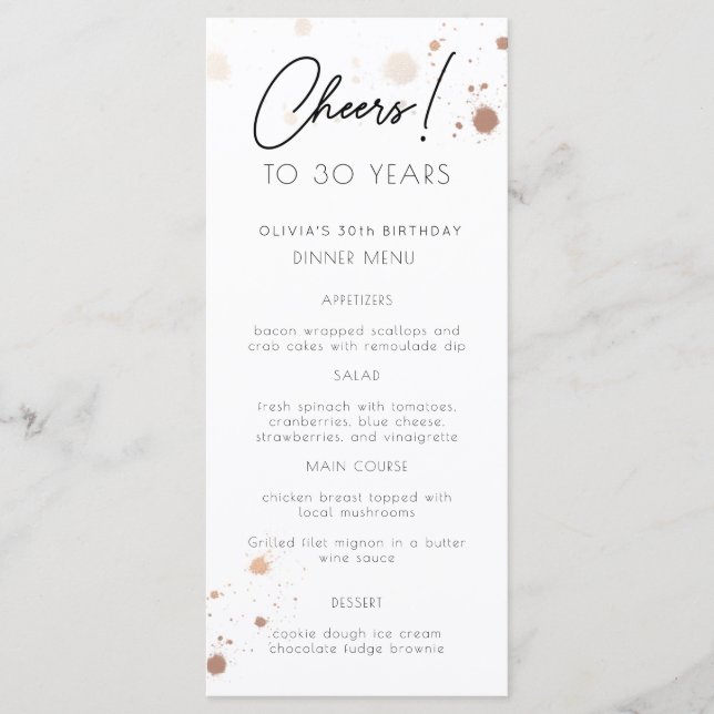 Gold Watercolor any year Birthday Party Menu Card (Front)