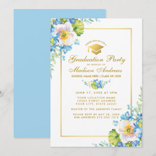 Gold Watercolor Blue Floral Grad Party Invite B