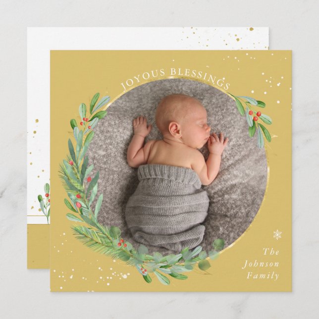 Gold Watercolor Christmas Joyous Blessings Holiday Card (Front/Back)