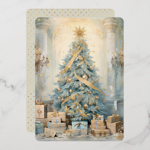 Gold Watercolor Christmas Tree  Foil Holiday Card