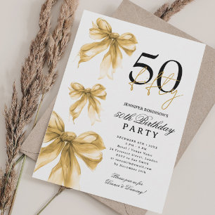 Gold Watercolor Coquette Bow 50th Birthday Party Invitation