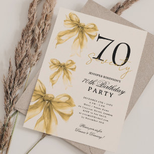 Gold Watercolor Coquette Bow 70th Birthday Beige Invitation