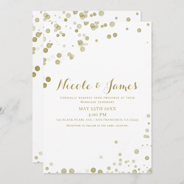 Gold Watercolor Dots Modern Clean Wedding Invitation (Front/Back)